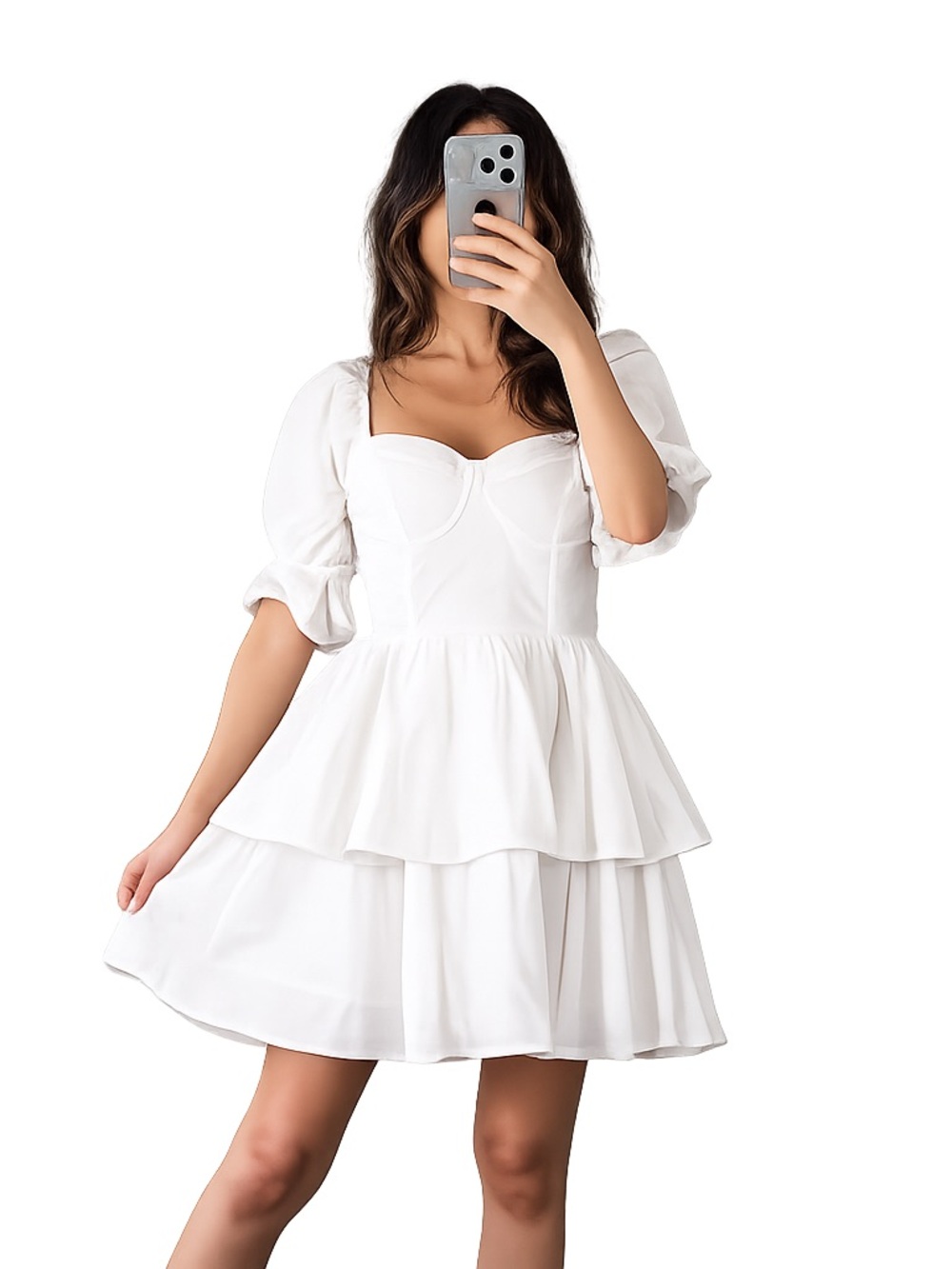 White Tiered Puff Sleeve Mini Dress